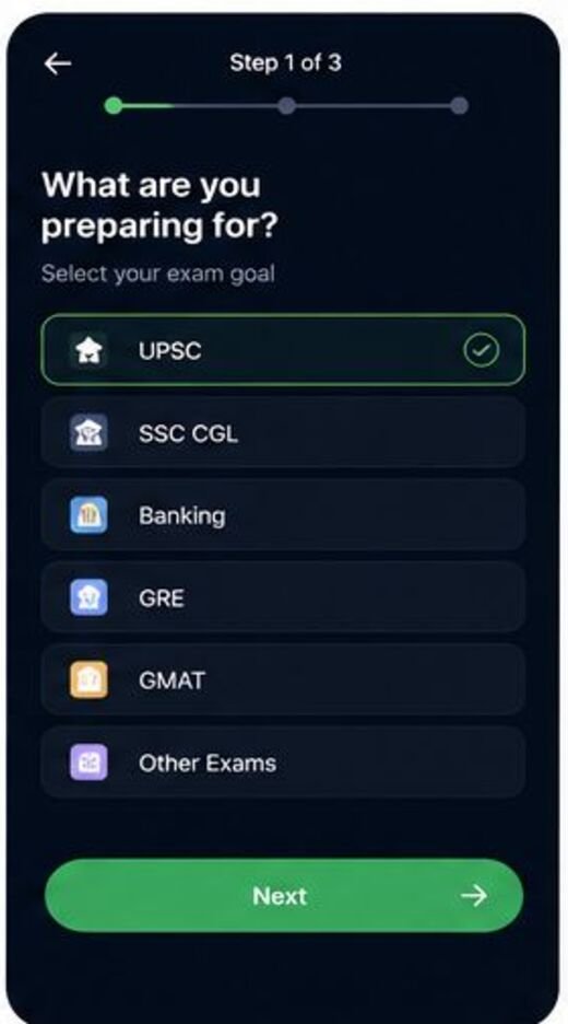Exam goal selection screen in the Exsim app.