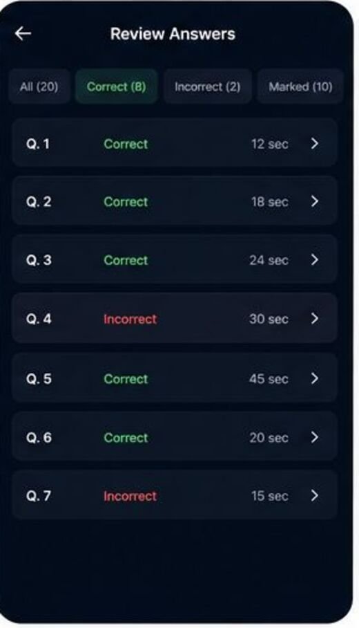 Review answers screen in the Exsim app.